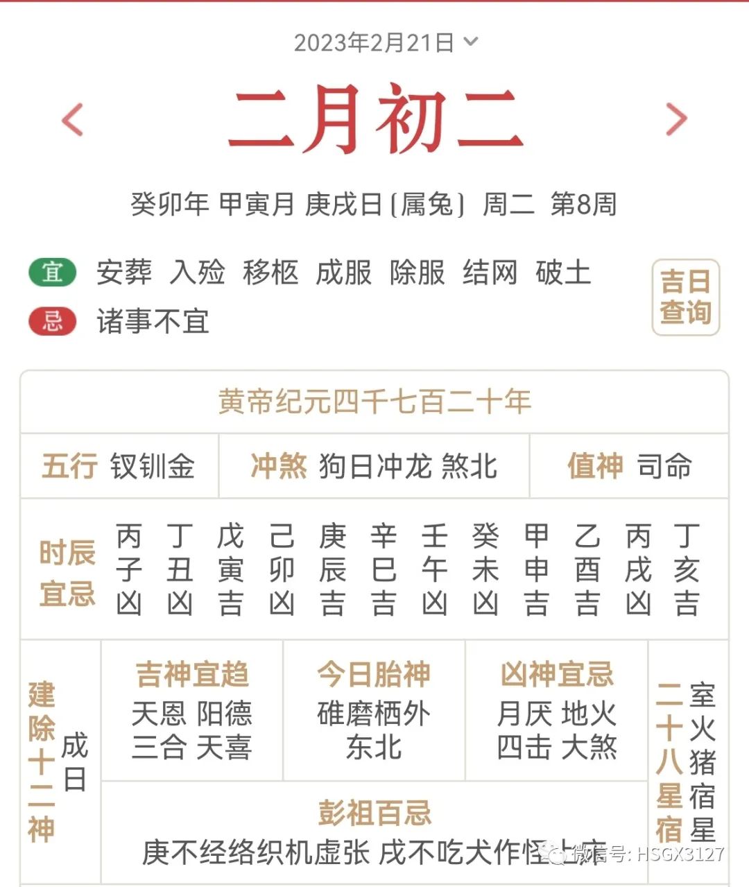 2月21日（庚戌）五行穿衣，色來運轉